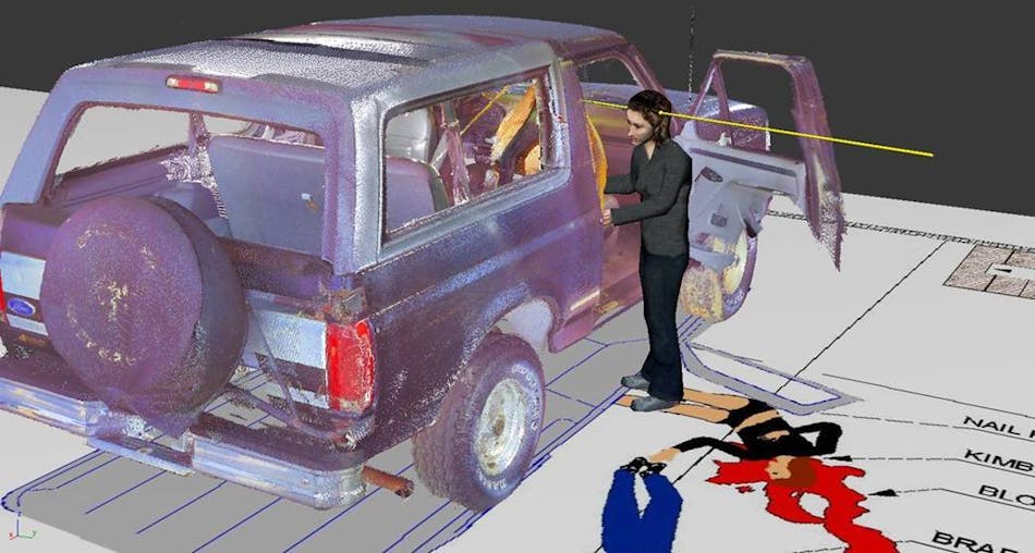 The crime scene recreation image shows 3ds Max software with the point cloud being created with a FARO Laser Scanner and processed in FARO SCENE software.