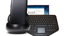 iKey BT-870-TP dual connectivity keyboard with Samsung DeX(TM) docking station and display. With a Galaxy S8 phone, this system rivals any desktop workstation experience, inside a police car, a hotel room, and more. The docking station turns any monitor into a computer workstation.