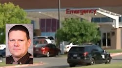 Oklahoma Highway Patrol Lt. D. Heath Meyer, who had just laid stop sticks during a pursuit, was struck by a patrol vehicle after two troopers involved in the chase collided. Oklahoma Highway Patrol Lt. D. Heath Meyer, who had just laid stop sticks during a pursuit, was struck by a patrol vehicle after two troopers involved in the chase collided.