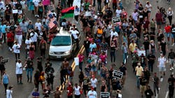 Protesters march east on Olive Street toward the St. Louis Police Department headquarters on Sunday, Sept. 17, 2017. Protesters march east on Olive Street toward the St. Louis Police Department headquarters on Sunday, Sept. 17, 2017.