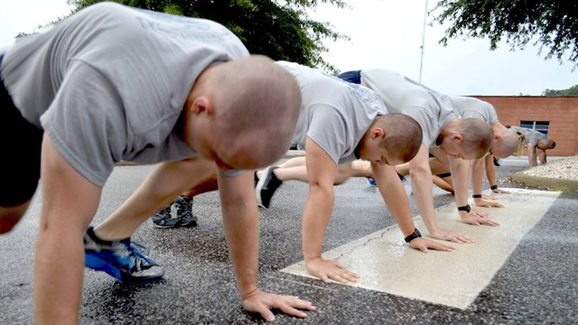 Members of the Virginia State Police's 126th Basic Session take part in physical training exercises.