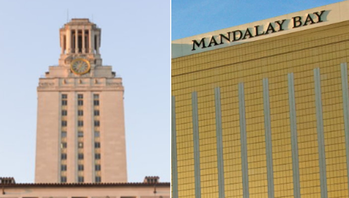 Left: August 1, 1966: Charles Whitman shot 47 people, killing 16 of them the top of the Texas Tower on the University of Texas campus in Austin. Right: October 1, 2017: Stephen Paddock kills at least 58 from the 32nd floor of Mandalay Bay in Las Vegas.
