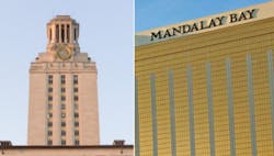 Left: August 1, 1966: Charles Whitman shot 47 people, killing 16 of them the top of the Texas Tower on the University of Texas campus in Austin. Right: October 1, 2017: Stephen Paddock kills at least 58 from the 32nd floor of Mandalay Bay in Las Vegas. Left: August 1, 1966: Charles Whitman shot 47 people, killing 16 of them the top of the Texas Tower on the University of Texas campus in Austin. Right: October 1, 2017: Stephen Paddock kills at least 58 from the 32nd floor of Mandalay Bay in Las Vegas.