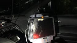 Multiple shots from the gunmen struck the trooper's patrol car, damaging the front end and windshield of the vehicle, as well as the in-car computer. Multiple shots from the gunmen struck the trooper's patrol car, damaging the front end and windshield of the vehicle, as well as the in-car computer.