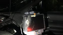 Multiple shots from the gunmen struck the trooper&apos;s patrol car, damaging the front end and windshield of the vehicle, as well as the in-car computer.