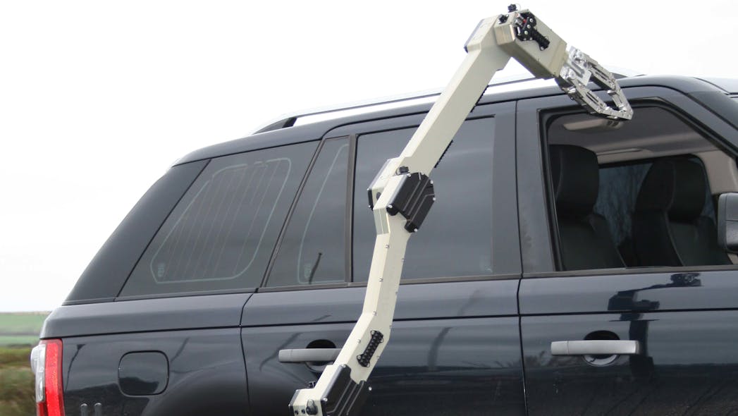 Med-Eng released its Avenger Remotely Operated Vehicle (ROV), a patrol-car-trunk sized robot that can be mounted with CBRNE sensors and, using its arms, peek inside (or even grab something inside) of the passenger compartments of vehicles and into truck beds. This is a full featured remote machine with full capabilities.