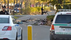 Bikes lay scattered where they were hit by a driver on West Street near West Houston Street Tuesday Oct. 31, 2017 after an attack in Manhattan, N.Y. leaving at least eight people dead.