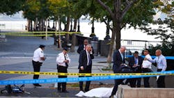 Responders and police on the scene after a gunman emerged from a crashed Home Depot truck and opened fire after apparently plowing down four riders Tuesday afternoon on a Lower Manhattan bike path Tuesday, Oct. 31, 2017 in Manhattan.