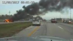 Newly released dashcam video shows a Ohio Highway Patrol trooper help pull a man to safety from a burning car just moments before it explodes.