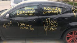 A man who defaced his own car with racist graffiti and filed a false police report to Riley County Police Department will not face charges. A man who defaced his own car with racist graffiti and filed a false police report to Riley County Police Department will not face charges.