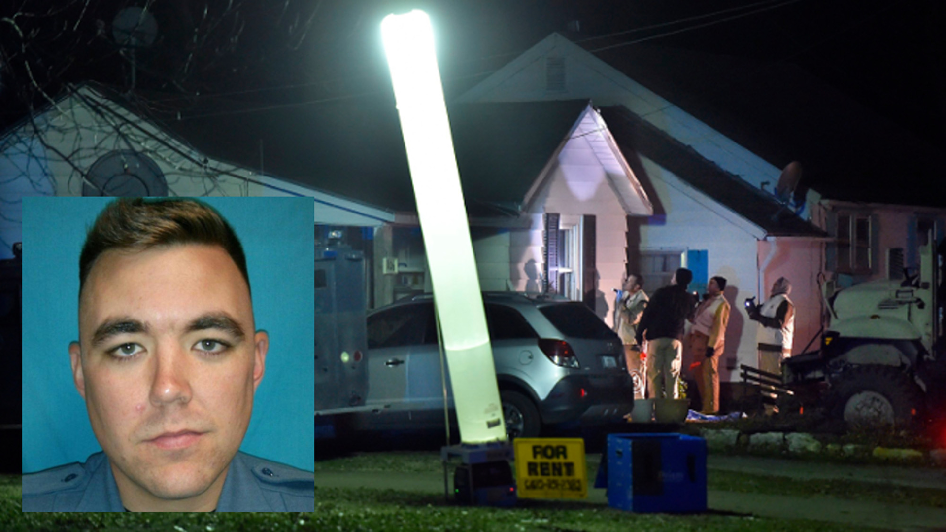 Investigators inspect the outside of a house where Clinton Police Officer Christopher Ryan Morton was killed and two were injured on Tuesday night, March 6, 2018, after they responded to a 911 call.