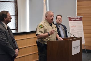 Snohomish County Executive Dave Somers, Sheriff Ty Trenary and Snohomish Health District Health Officer Dr. Mark Beatty announce the launch of the Opioid Response MAC Group in 2017.