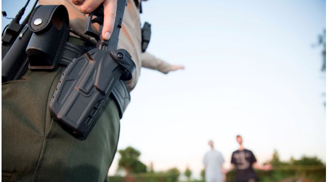 Safariland&apos;s new 7TS duty holster uses CAS technology to connect to an officer&apos;s body camera.