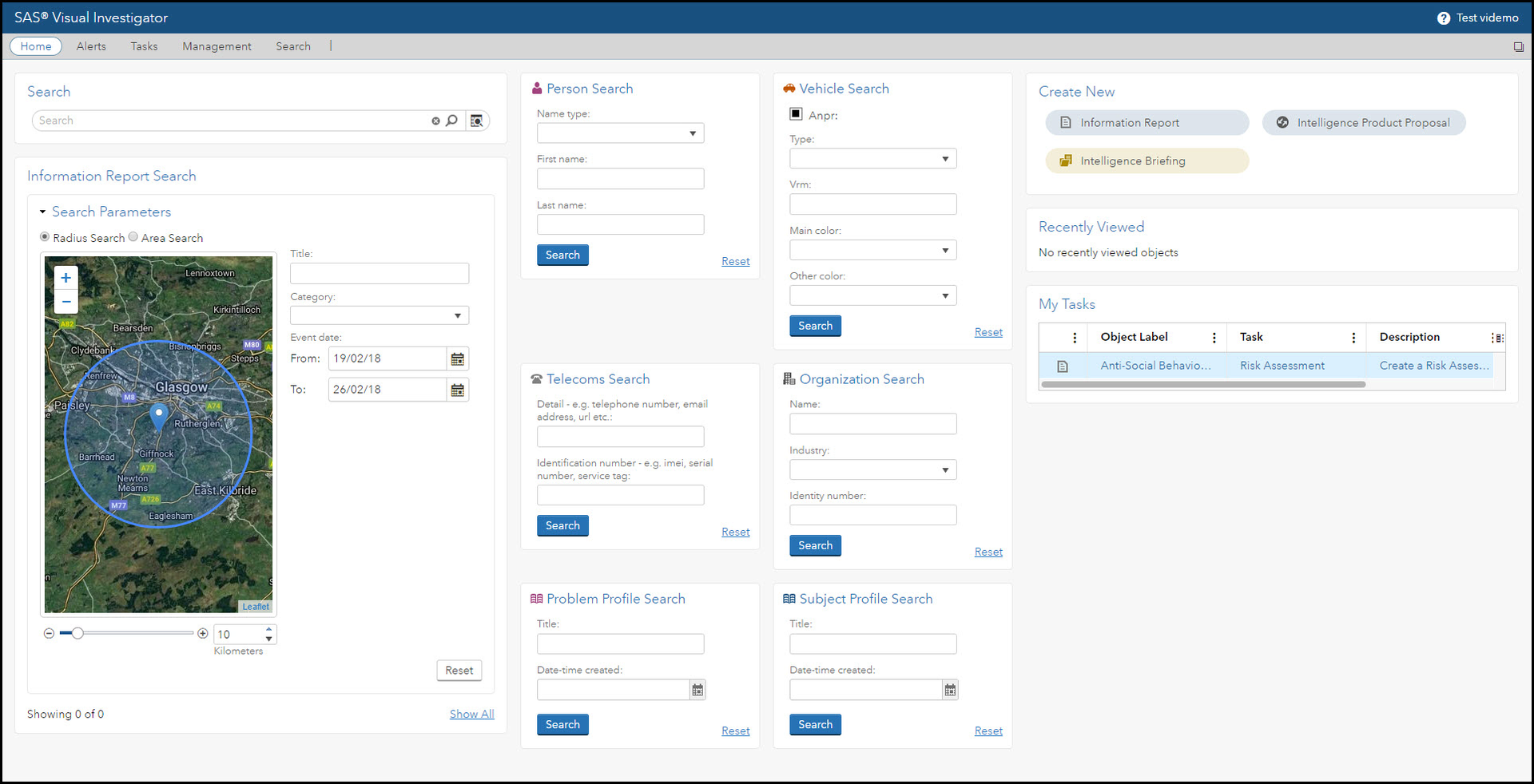 The SAS Intelligence and Investigation Management dashboard allows investigators to quickly see a record of criminal activity in the area, search various databases and view, create and share reports.
