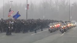 Hundreds of police from across Connecticut and the nation gathered at Pratt & Whitney Stadium Friday to honor Trooper Kevin Miller. Hundreds of police from across Connecticut and the nation gathered at Pratt & Whitney Stadium Friday to honor Trooper Kevin Miller.