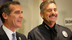 Los Angeles Police Department Chief Charlie Beck, right, and Mayor Eric Garcetti share smiles and a few tears at a news conference at LAPD headquarters on Friday, Jan. 19, 2018, as Chief Beck announced his upcoming retirement.