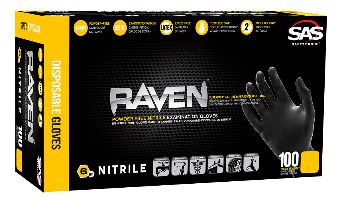 SAS Safety Corporation RAVEN Professional Black 6 mil deluxe Nitrile Disposable Exam Gloves are sold in cases of 10 boxes of 100 gloves.