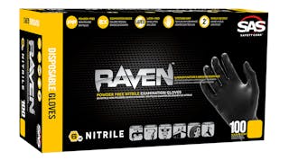 SAS Safety Corporation RAVEN Professional Black 6 mil deluxe Nitrile Disposable Exam Gloves are sold in cases of 10 boxes of 100 gloves.