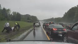 The New Jersey State Police has released dashboard camera video of Trooper Scott Behnke rescuing an unconscious man from a burning car late last month. The New Jersey State Police has released dashboard camera video of Trooper Scott Behnke rescuing an unconscious man from a burning car late last month.