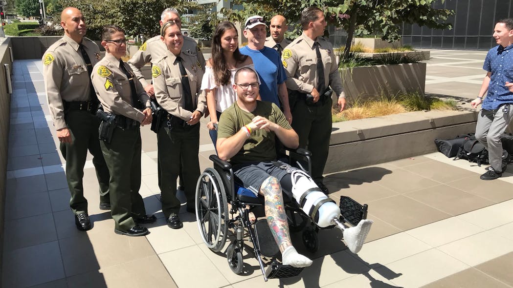 Los Angeles Sheriff&apos;s Deputy Garrett Rifkin lost part of his leg after he was involved in a wreck with a driver who sped off while on his way to work on Aug. 3.