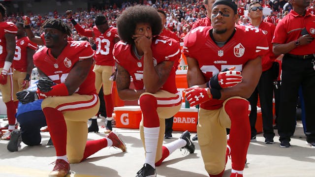 From left, The San Francisco 49ers&apos; Eli Harold (58), Colin Kaepernick (7) and Eric Reid (35) kneel during the national anthem before their a game against the Dallas Cowboys on October 2, 2016, at Levi&apos;s Stadium in Santa Clara, Calif.