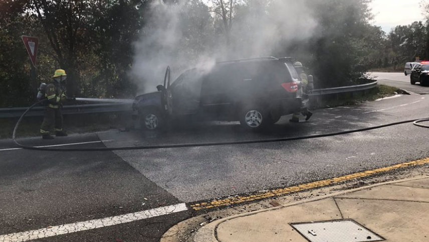 Maryland State Police Trooper Warren Thompson is being credited with rescuing a man before his vehicle burst into flames Wednesday afternoon.