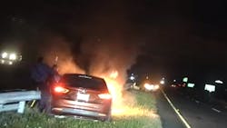 Two New Jersey State Police troopers pulled an unconscious man from a burning car moments before it became fully engulfed in flames over the weekend. Two New Jersey State Police troopers pulled an unconscious man from a burning car moments before it became fully engulfed in flames over the weekend.