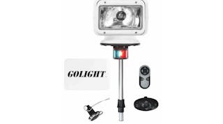 The GL-2100-18-E Golight Radioray from Larson Electronics is a 65 Watt motorized spot light that operates with a wireless hand held remote control and a wireless dash mount remote control.
