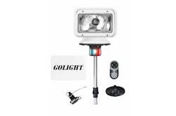 The GL-2100-18-E Golight Radioray from Larson Electronics is a 65 Watt motorized spot light that operates with a wireless hand held remote control and a wireless dash mount remote control.