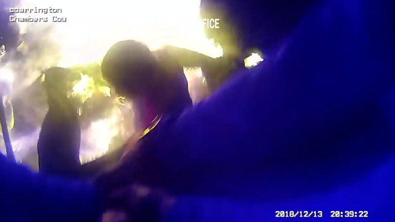 The Chambers County Sheriff's Office this week released video footage showing two deputies rescuing a man from a burning car who was on fire.