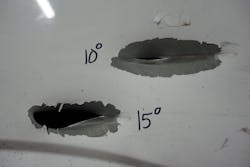 Critical angle: 10° ricochets, 15° penetrates auto quarter panel. Critical angle: 10° ricochets, 15° penetrates auto quarter panel.