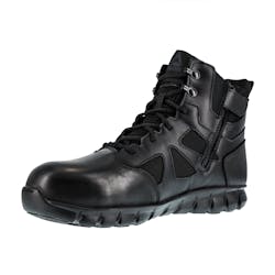 The Reebok Sublite Cushion Tactical RB8606 model features a composite safety toe and side zipper. The Reebok Sublite Cushion Tactical RB8606 model features a composite safety toe and side zipper.