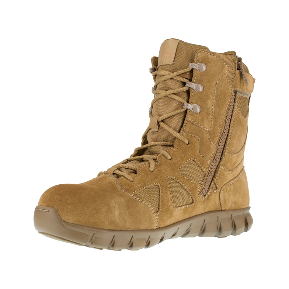 The Reebok Sublite Cushion Tactical RB8809 model comes in a coyote brown with a composite safety toe and side zipper.