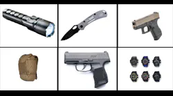 Top left to bottom right: Pelican 7070R, Buck Blue Line knife, Glock 43, 5.11 Tactical AMP24 pack, Sig P365 and Master of G Mudmaster watch variations.