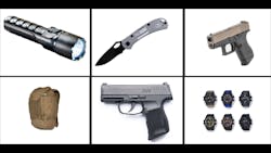 Top left to bottom right: Pelican 7070R, Buck Blue Line knife, Glock 43, 5.11 Tactical AMP24 pack, Sig P365 and Master of G Mudmaster watch variations. Top left to bottom right: Pelican 7070R, Buck Blue Line knife, Glock 43, 5.11 Tactical AMP24 pack, Sig P365 and Master of G Mudmaster watch variations.
