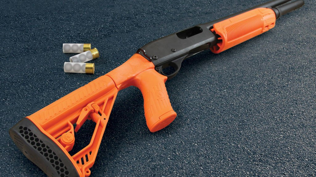 ORANGE LESS LETHAL EX PERFORMANCE FOREND & ADJUSTABLE STYLE STOCK FOR REMINGTON SHOTGUNS
