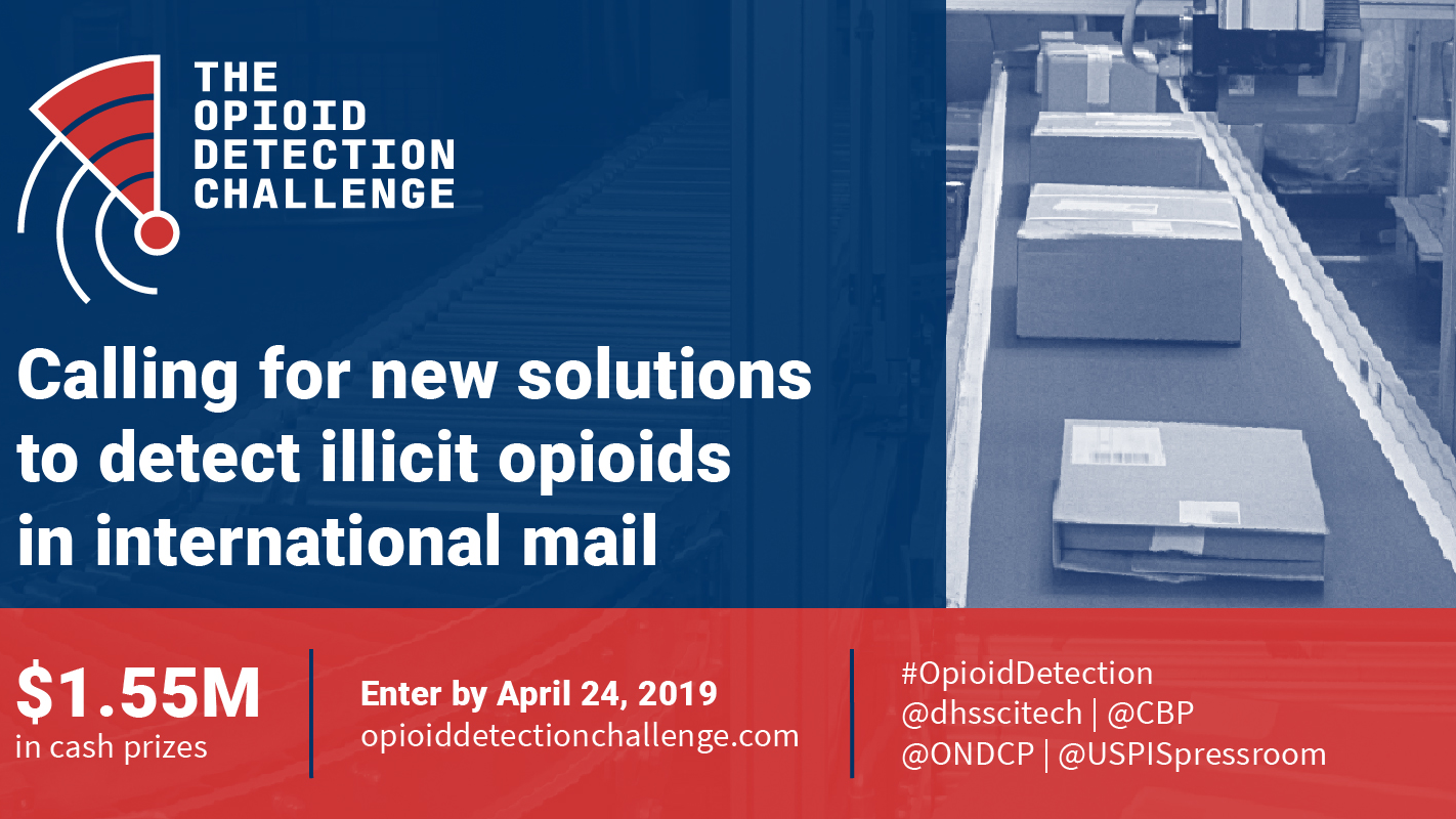 The Opioid Detection Challenge calls upon innovators to submit novel plans for rapid, nonintrusive detection tools that will help find illicit opioids being trafficked into the United States through international mail.