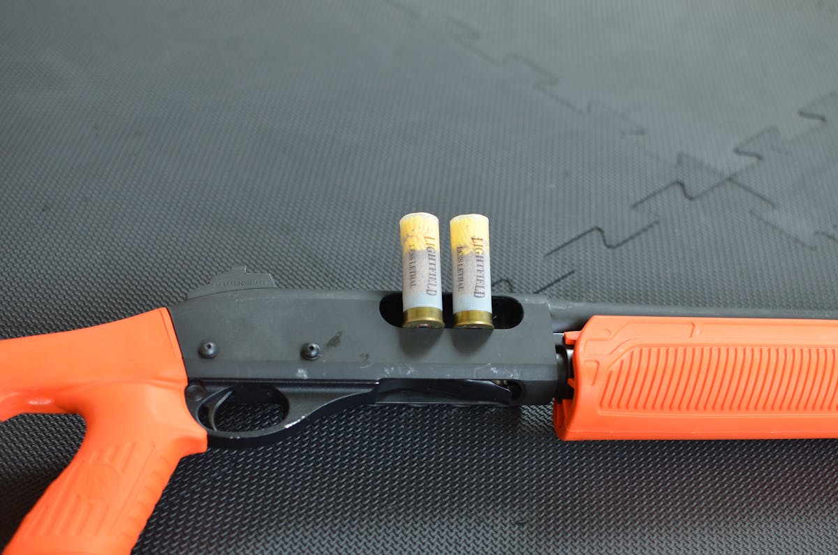 Lightfield Ammunition makes several different less lethal products. They use translucent shells that allows users torecognize the application by the color of the &apos;stars&apos; inside the shell. The yellow and purple indicate a close range extremely light elastomer star, which can be used from 1 to 10 yards.
