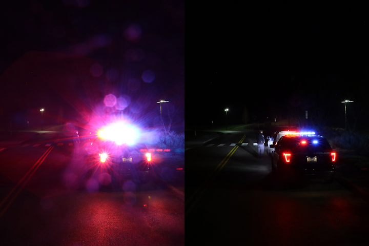 These before and after photos show a conventional flash rate on the left and a situational based flash rate on the right.