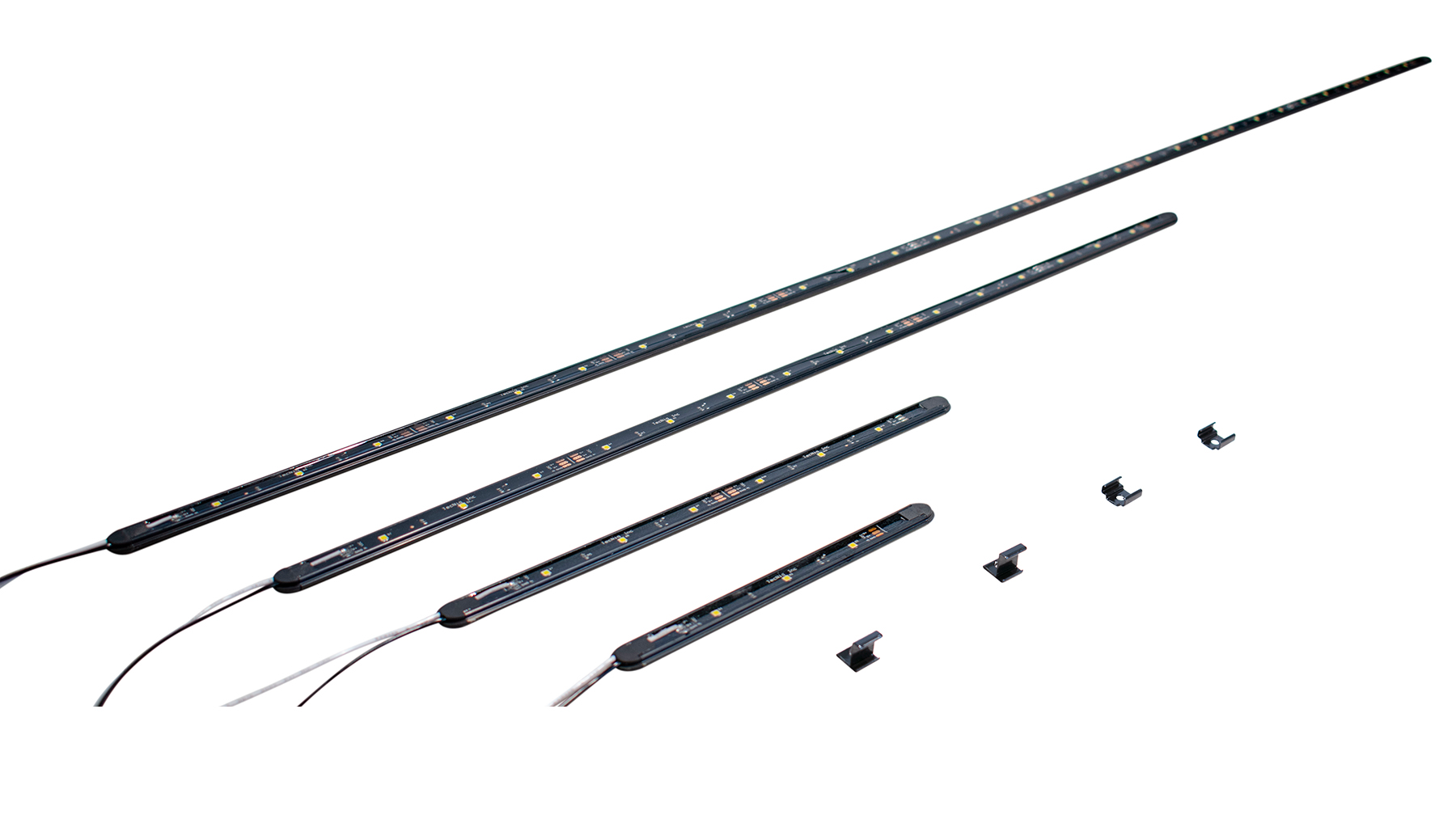 From top, TecNiq 47.5', 25', 11.5' and 7' E45 LED Slim Lights, and flat and perpendicular clips.