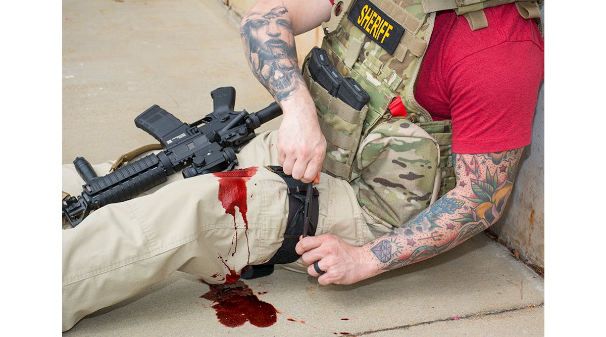 Seen here during training, taught as a self-aid and buddy-aid task, the TMT requires minimal training to instantly treat life-threatening hemorrhage of an extremity.