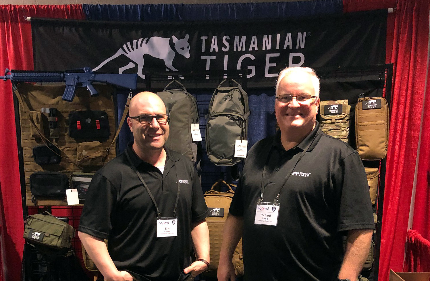 NAPED members and first-time exhibitors, Eric Linder and Richard Lewis of Tasmanian Tiger, showcase their line of law enforcement and medical response equipment.