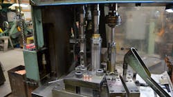 This is a press for forming the Gold Dot bullet after plating. I put three bullets on the press to give everyone an idea of what they look like in the stages of forming the bullet. This is a press for forming the Gold Dot bullet after plating. I put three bullets on the press to give everyone an idea of what they look like in the stages of forming the bullet.