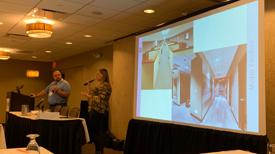 Jason Estes and Raegan Porter of FGM Architects discuss how to break down the budgets for new fire and police station construction projects during a session Wednesday at the 2019 Station Design Conference in Rosemont, IL.