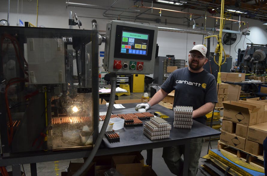 You are looking at the manufacturing process area where elastomer is applied to the hollow points of nearly finished cartridges. This is what causes consistent expansion in media. Lindsey&apos;s note: This is also the quietest area for the cartridge manufacturing process.