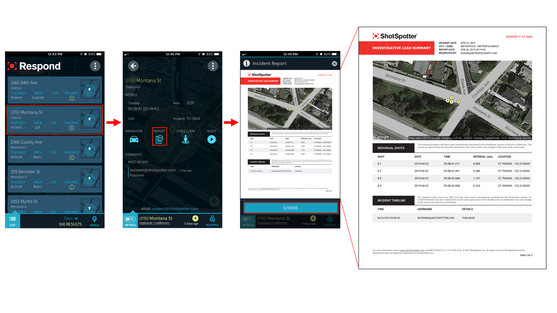 Screen capture images of a gunfire report from the mobile app.