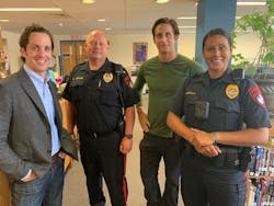 ZeroEyes works with law enforcement to ensure the right training for their system is given. From left to right: Rob Huberty, COO of ZeroEyes; Richard Spitler, Chief of Police, Mt. Holly (NJ) Police Department; Dustin Brooks, Learning Officer of ZeroEyes; and Deborah Murillo, Rancocas Mt. Holly (NJ) Valley Regional High School Resource Officer. ZeroEyes works with law enforcement to ensure the right training for their system is given. From left to right: Rob Huberty, COO of ZeroEyes; Richard Spitler, Chief of Police, Mt. Holly (NJ) Police Department; Dustin Brooks, Learning Officer of ZeroEyes; and Deborah Murillo, Rancocas Mt. Holly (NJ) Valley Regional High School Resource Officer.