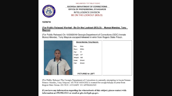 Tony Maycon Munoz-Mendez, 31, was serving a life sentence at Rogers State Prison in Reidsville for rape and aggravated child molestation when he was released “in error” on Friday afternoon, according to the Georgia Department of Corrections.