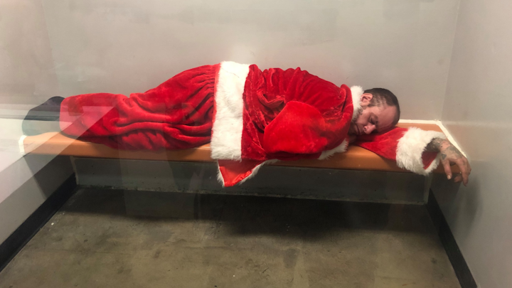The Brea Police Department in Orange County, California, took to social media Tuesday to share a message from a man in a Santa Claus suit sleeping inside a jail cell.