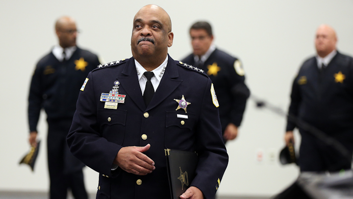 Chicago Police Superintendent Eddie Johnson arrives at a press conference at police headquarters in Chicago on Monday, Oct. 28, 2019, to respond to comments made about him and the city of Chicago earlier in the day by U.S. President Donald Trump.